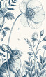 © Re:Creators - Vintage blue ink illustration of a charming rabbit in a wildflower and poppy meadow