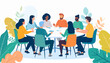 © Generative AI - Stylized illustration of a diverse group of men and women having a productive discussion at a round table.