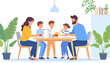 © Generative AI - A joyful family with parents and three children gathered around the dining table, sharing a meal and enjoying quality time together in a modern home interior