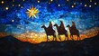 © Face Off Design - Stained glass-style image of the Three Wise Men on camels following the Star of Bethlehem, vibrant blues and golds, religious Christmas scene, perfect for holiday cards and spiritual themes.