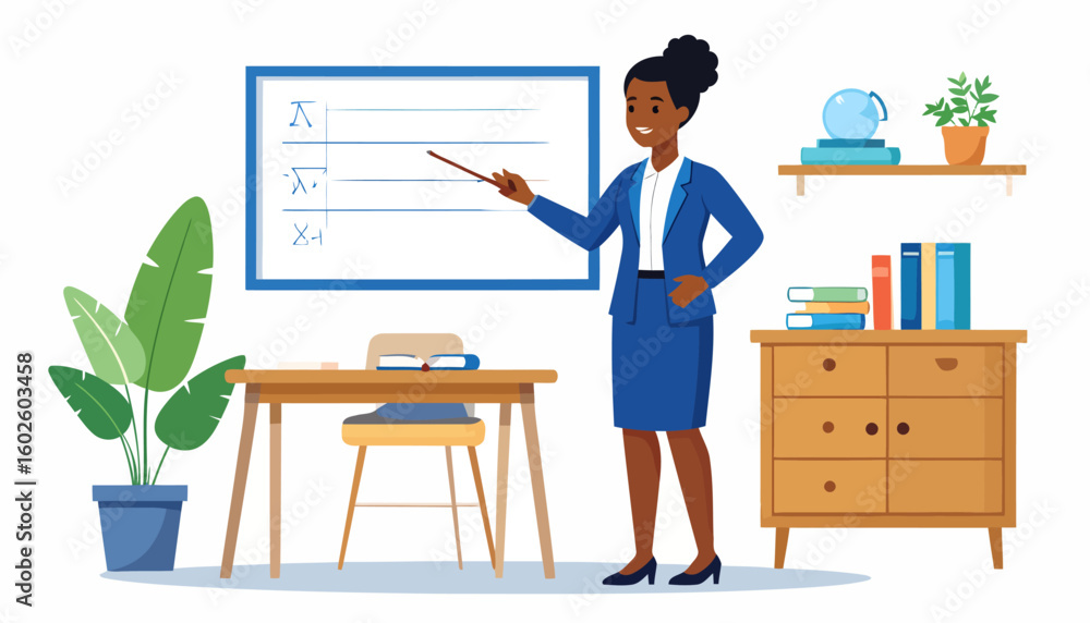 Smiling Black female teacher in a blue suit pointing at a whiteboard ...