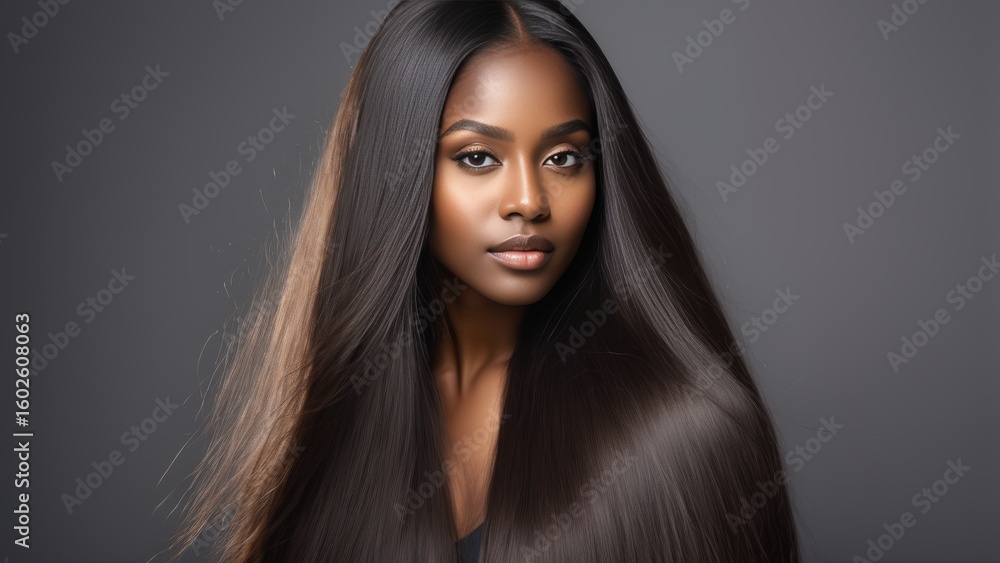 Beauty Portrait of a black woman with long curly brown hair. Makeup. African American model close up. Closeup portrait woman hair care copy space. Isolated. Studio shot. Peach background