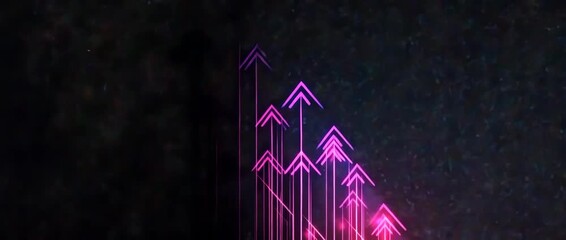 Wall Mural - Neon pink glowing arrow shapes pointing upward on dark background with vibrant light create dynamic futuristic modern design featuring digital binary code symbolizing technology growth and progress