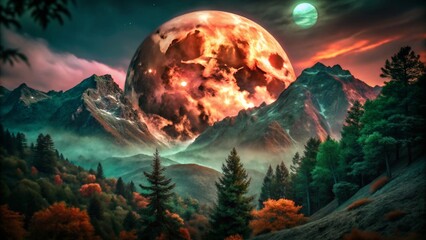 Wall Mural - pink moon rising over foggy mountain peaks