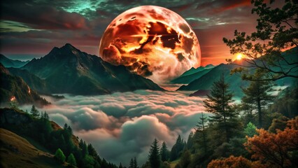 Wall Mural - pink moon rising over foggy mountain peaks
