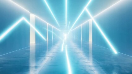 Wall Mural - futuristic corridor with glowing blue light beams and reflective floor creating surreal dynamic atmo