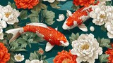 Decorative koi fish and flowers in a repeating pattern.