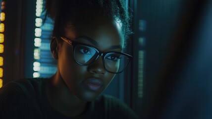 Wall Mural - young woman working as a system administrator, managing network equipment and monitoring servers in 