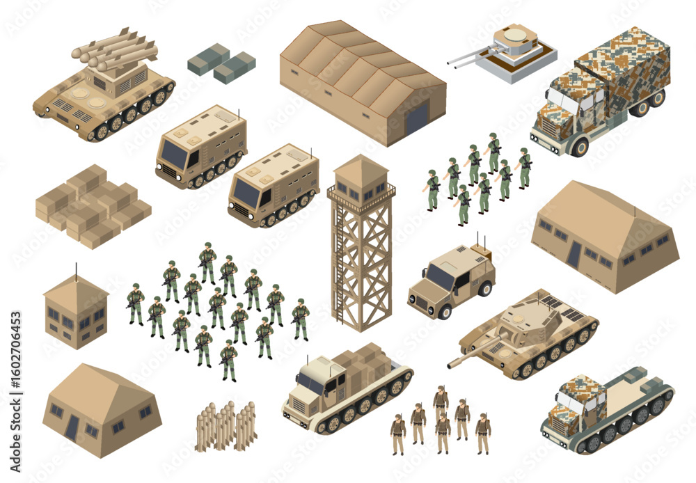 Military base with soldiers, vehicles and buildings isometric set Stock ...
