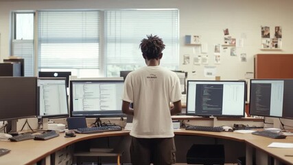 Young software developer concentrating on programming, using multiple computer screens displaying lines of code in a bright office environment
