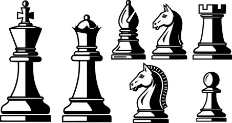 Wall Mural - Chess piece icons set. Board game. Line set of chess vector icon for web design isolated on white background. King, queen, bishop, pawn, horse, knight, rook. Vector Illustration. EPS 10