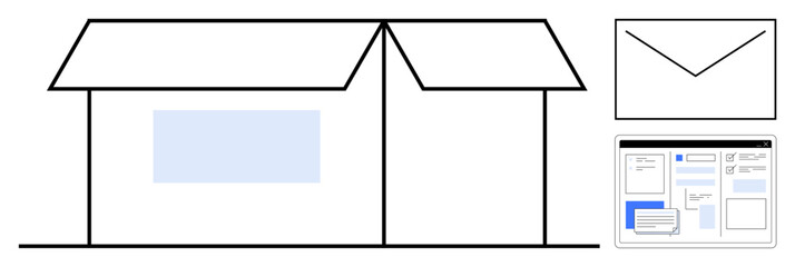 Open cardboard box, paper envelope, and digital layout of a document interface. Ideal for delivery, packaging, logistics, correspondence, e-commerce, technology communication and multipurpose