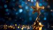 © Thai - Luxurious gold first-place trophy with ascending star motif, designed for championship or excellence recognition, displayed on a dark navy background with clean empty space