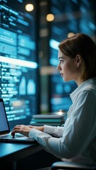 Process automation to efficiently manage files. Businesswoman working on laptop with virtual screen. Online documentation database and cloud document management system concept..