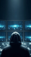 Wall Mural - hooded figure facing multiple screens displaying digital data, symbolizing cybersecurity, hacking, o