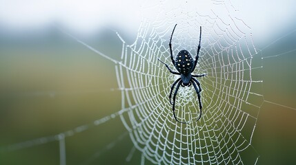 Macro photography of a dew-covered spider web with a trapped insect, dramatic
