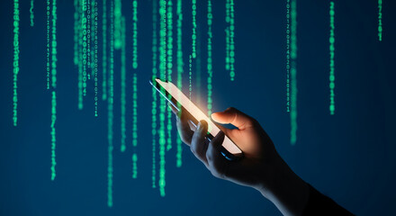 Wall Mural - hand holding smartphone against a backdrop of falling green digital code, symbolizing technology, co