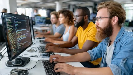 Modern Workspace: A group of focused professionals are immersed in their work at a modern workspace, typing away at their keyboards, with code displayed on their computer screens.