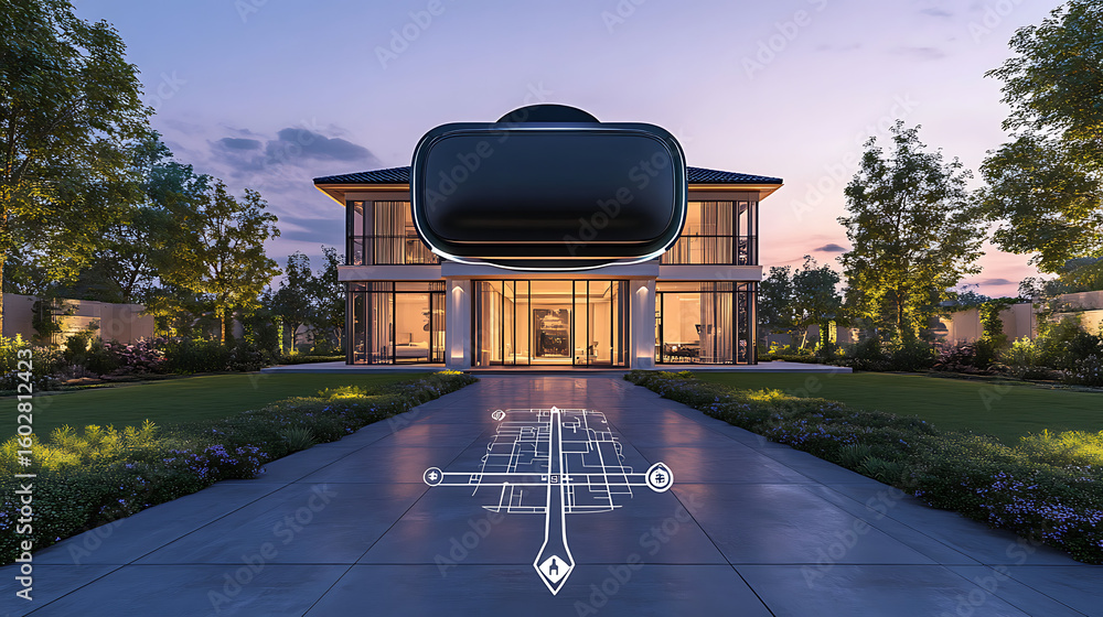 frameless VR headset UI displaying virtual walkthrough of a luxury ...