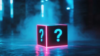 Wall Mural - mysterious glowing cube with a question mark in a dark, atmospheric environment with neon lights and