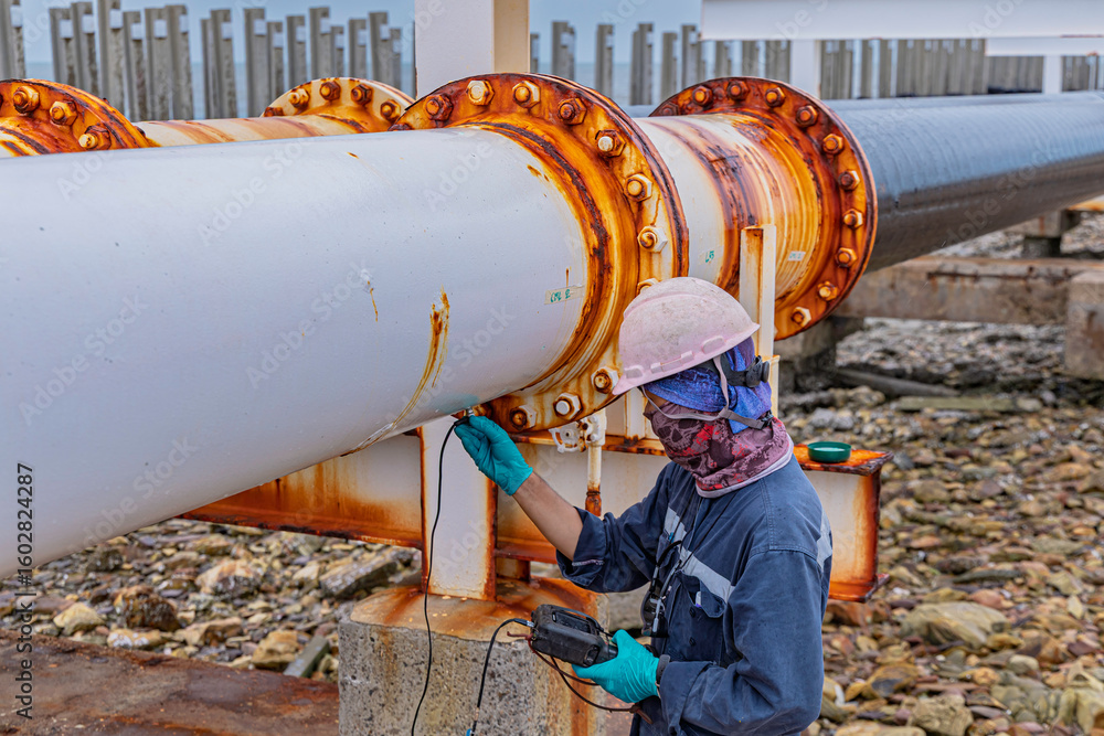 Male worker inspection and measurement thickness of rusted steel pipe Male worker inspection and measurement thickness of rusted steel pipe