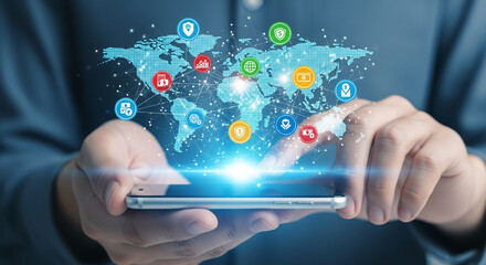 Wall Mural - hands hold smartphone, displaying global network with financial icons, symbolizing international bus