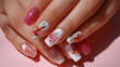 © Sawera - Close up of hands with floral nail art on a pink background in soft lighting