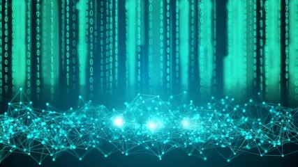 A digital network of glowing cyan lines and nodes is illuminated against a dark blue background with falling binary code streams