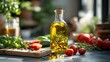 © อัมรินทร์ สุขแจ่ม - Aromatic olive oil infused with herbs and peppercorns sits amidst fresh tomatoes and basil on a kitchen counter, inviting healthy cooking and delicious meals.