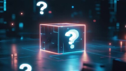 Wall Mural - futuristic digital cube with glowing question marks in a virtual environment 4k video footage