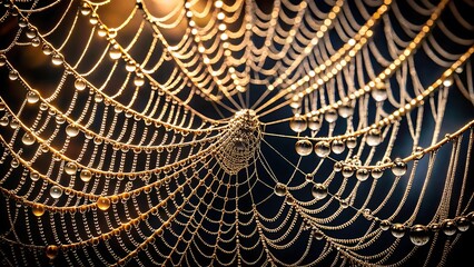 A golden spiderweb is intricately detailed with glistening dew drops creating a delicate and sparkling natural pattern in the macro view