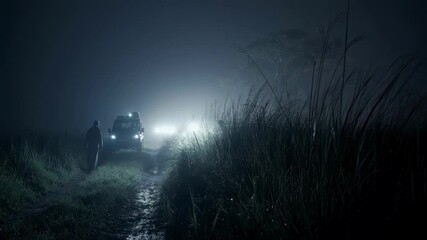 Wall Mural - a serene night scene captures a wildlife sanctuary patrol featuring a conservationist guiding their 