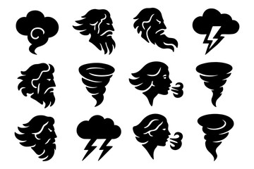 Mythical weather icons: thunder, wind, and storm elements in silhouette style