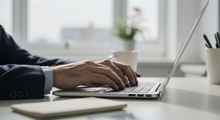 Focused businessman typing on laptop, working diligently in modern office with natural light