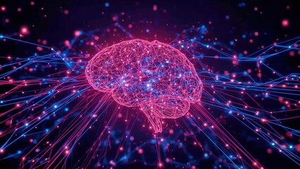 AI Tutorial. Digital human brain glowing pink blue network futuristic 