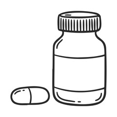 Wall Mural - Outline drawing of medicine bottle and capsule pill – stock vector icon in line style