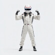 © Priya - Full shot of a race car driver in a white suit with a helmet and gloves raising his fists in the air