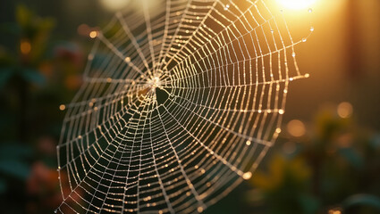  Extreme close-up of dew-covered spiderweb with intricate geometric patterns glistening in early morning light, abstract nature macro photography
