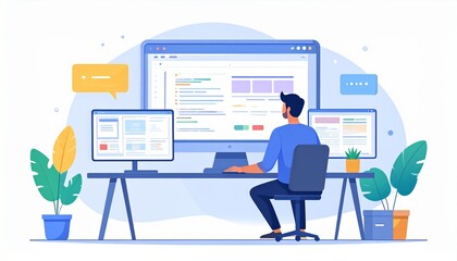 Contemporary flat vector of mobile app development and coding, UI/UX design process, programmer at desk, light interface, digital product design concept, tech startup scene. High quality. 
