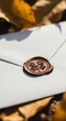 © Matt - Close up of a white envelope sealed with a brown wax stamp surrounded by autumn leaves outdoors