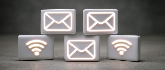 Email and wifi icons glowing on white blocks stacked on gray surface, symbolizing communication and connectivity technology