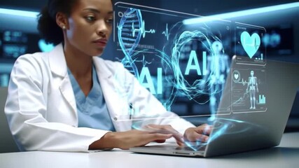 african american female doctor using ai tech on laptop dna, heartbeat, skeleton graphics interface