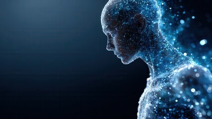 Wall Mural - humanoid silhouette rising through glowing digital network, representing ai evolution and technologi