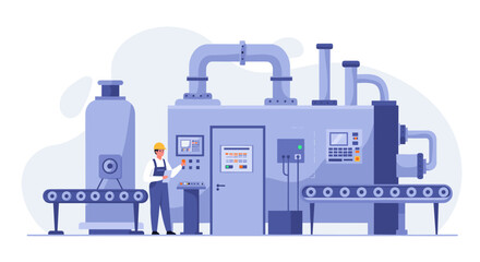 Factory automation with engineer at control panel in modern industrial