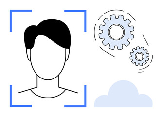 Wall Mural - human face in focus frame, gears symbolizing processes, and cloud below reflecting technology integr
