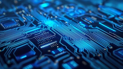 Digital technology background, circuit board patterns, blue glow