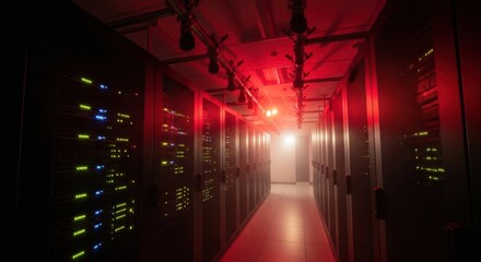 Wall Mural - Blurred server room with red emergency lights. Data center and internet network. Server racks row with active led lights.