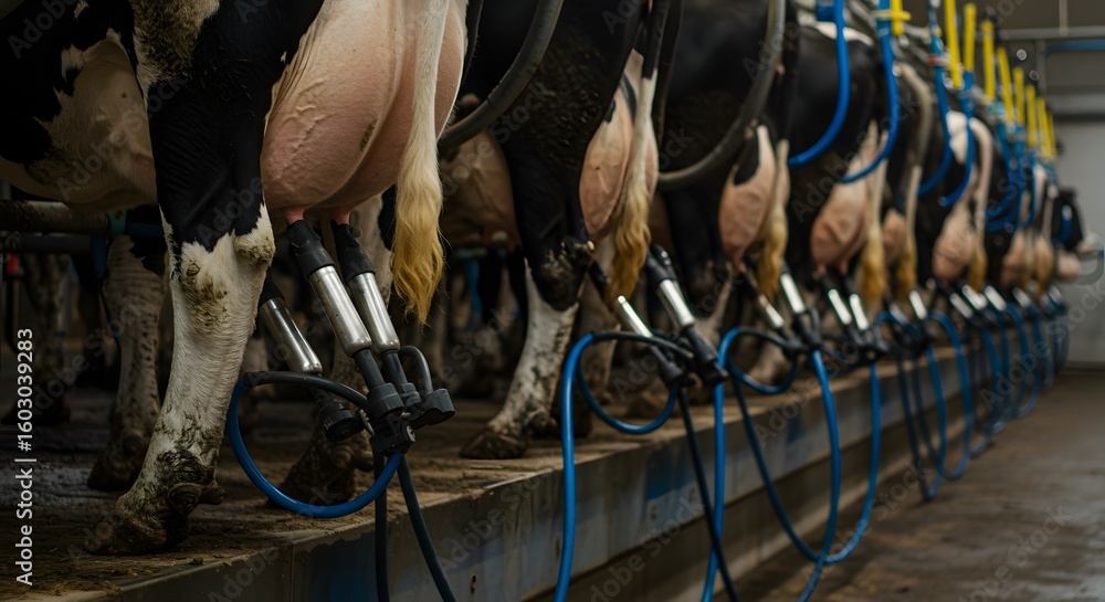 Dairy Cows Being Milked In Modern Farm Milking Parlor Stock Photo 