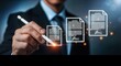 © Muin - A businessman uses a stylus to digitally sign an electronic document on a futuristic interface