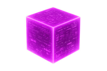 Glowing purple cube revealing complex technological network, floating against transparent backdrop, representing advanced digital innovation